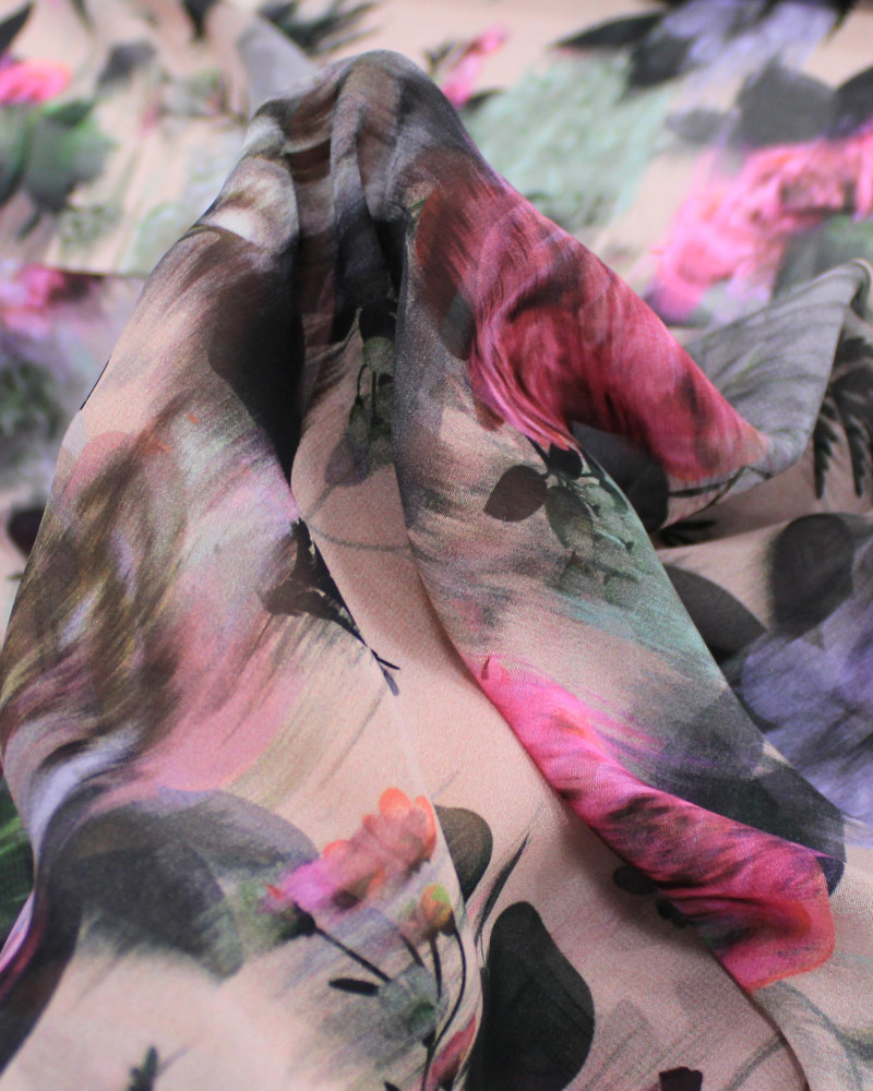 Tecido Crepe Chiffon Italiano Campo de Flores em Desfoque Colorido e Nude