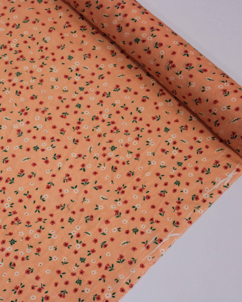 Tecido Linho Puro Italiano Micro Flores Colorido e Salmão