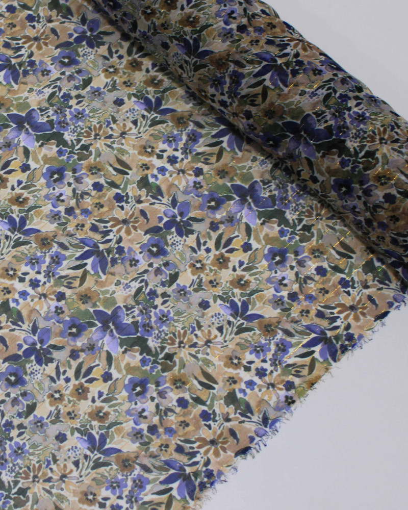 Tecido Crepe Chiffon Italiano com Lurex Tapete Floral Colorido e Branco