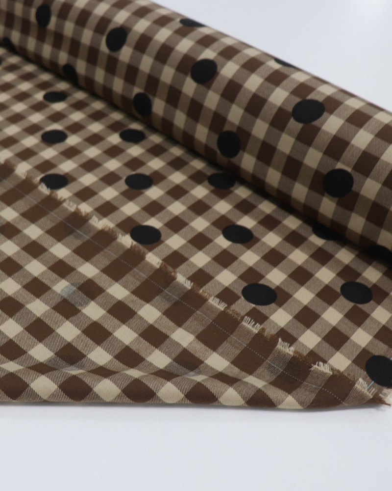 Tecido Viscose Italiano Quadriculado e Poá Preto, Marrom e Bege