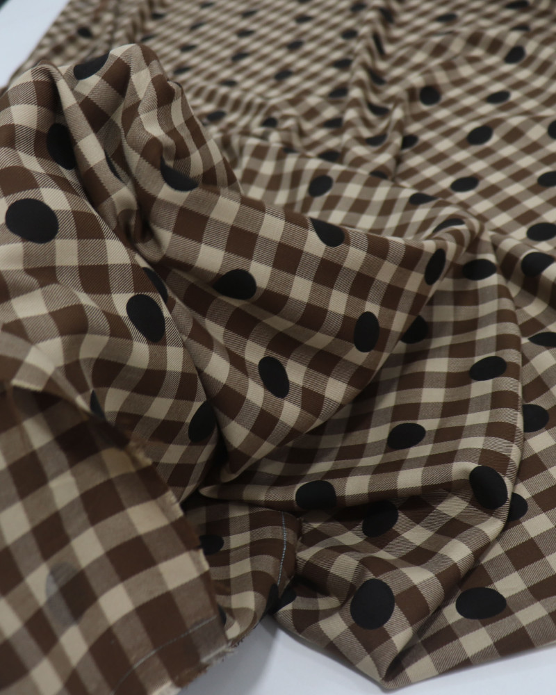 Tecido Viscose Italiano Quadriculado e Poá Preto, Marrom e Bege