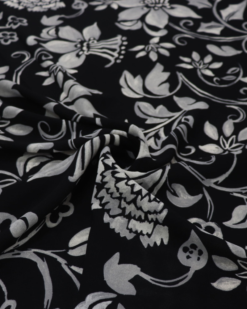 Tecido Crepe Koshibo Leve Multi Floral Offwhite, Tons de Cinza e Preto