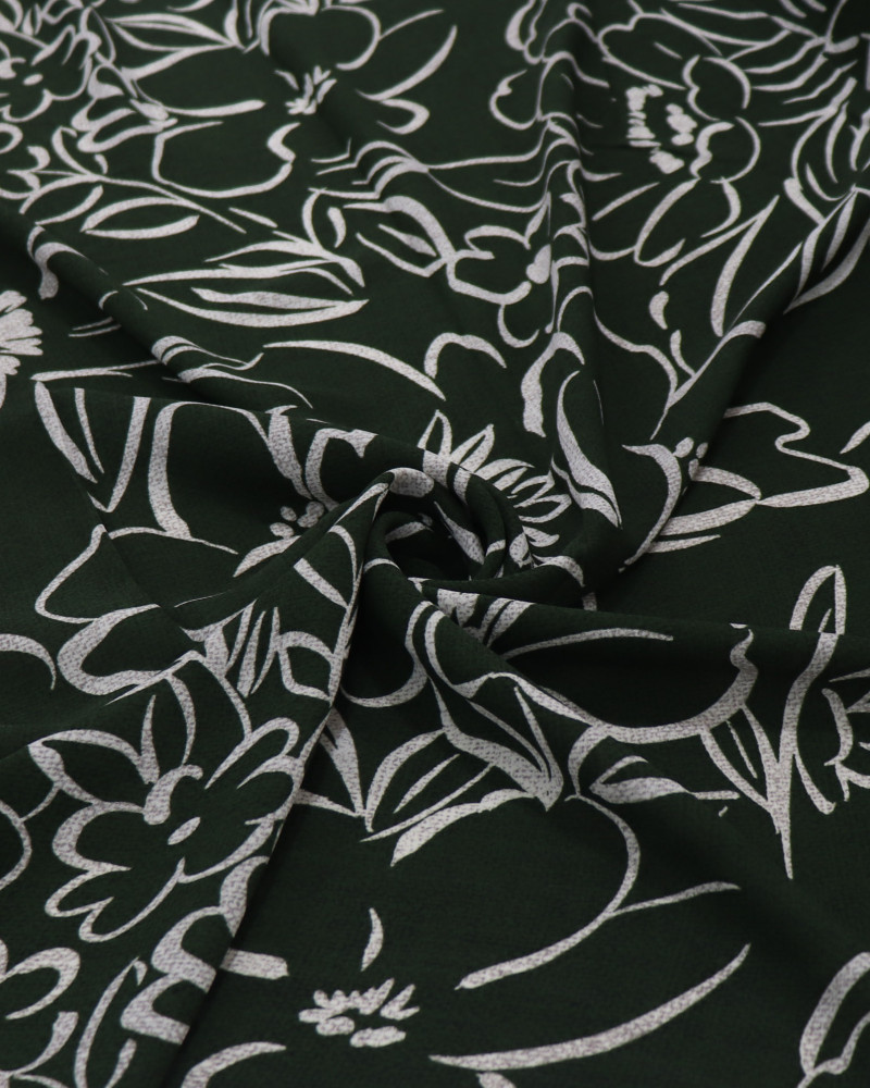 Tecido Crepe Koshibo Leve Macro Rascunho Floral Cinza e Verde Militar