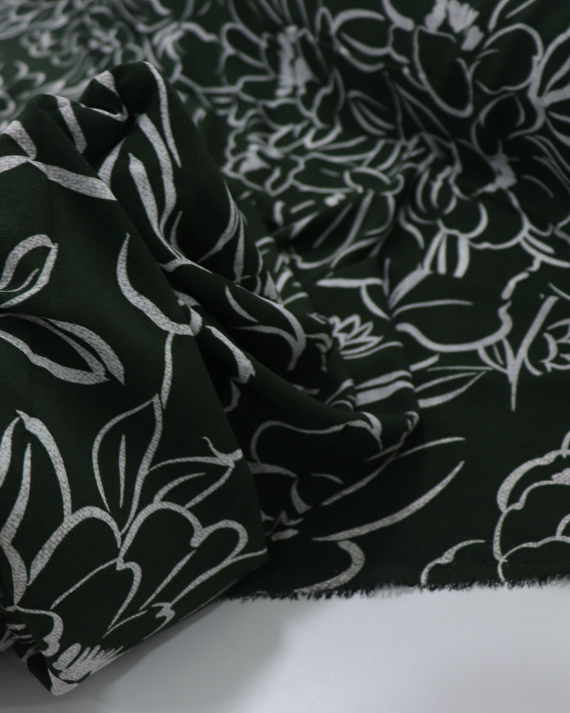 Tecido Crepe Koshibo Leve Macro Rascunho Floral Cinza e Verde Militar