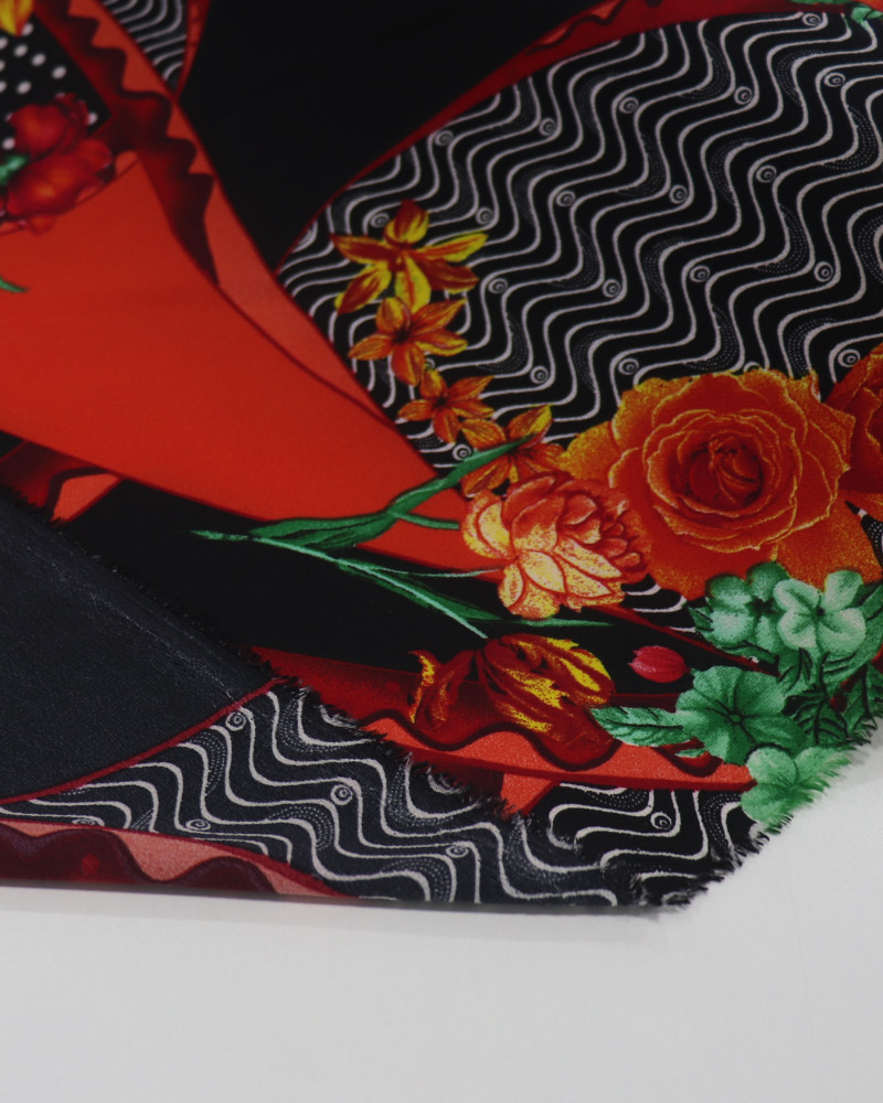 Tecido Crepe Bubble Multi Estampado Laranja e Preto (0.5m)