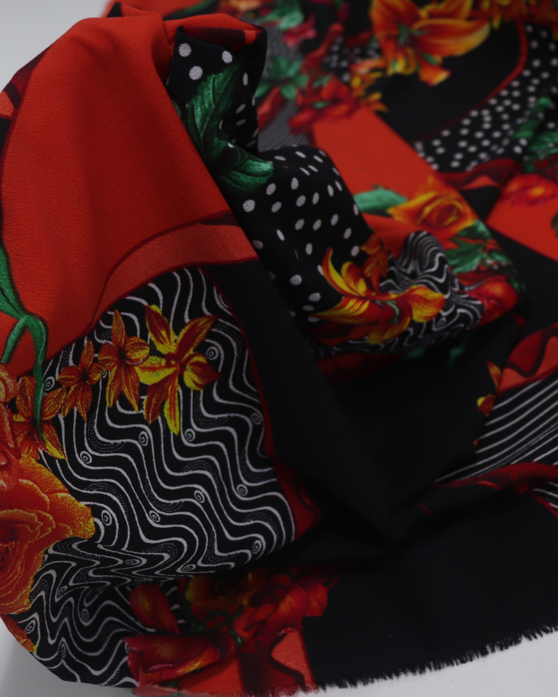 Tecido Crepe Bubble Multi Estampado Laranja e Preto (0.5m)