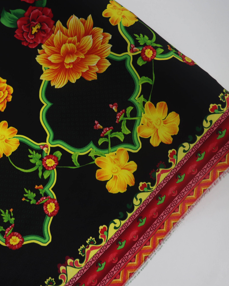Tecido Crepe Bubble Barrado Duplo Macro Floral Tons Vibrantes e Preto