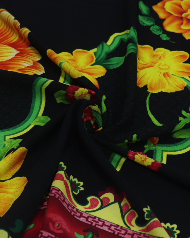 Tecido Crepe Bubble Barrado Duplo Macro Floral Tons Vibrantes e Preto