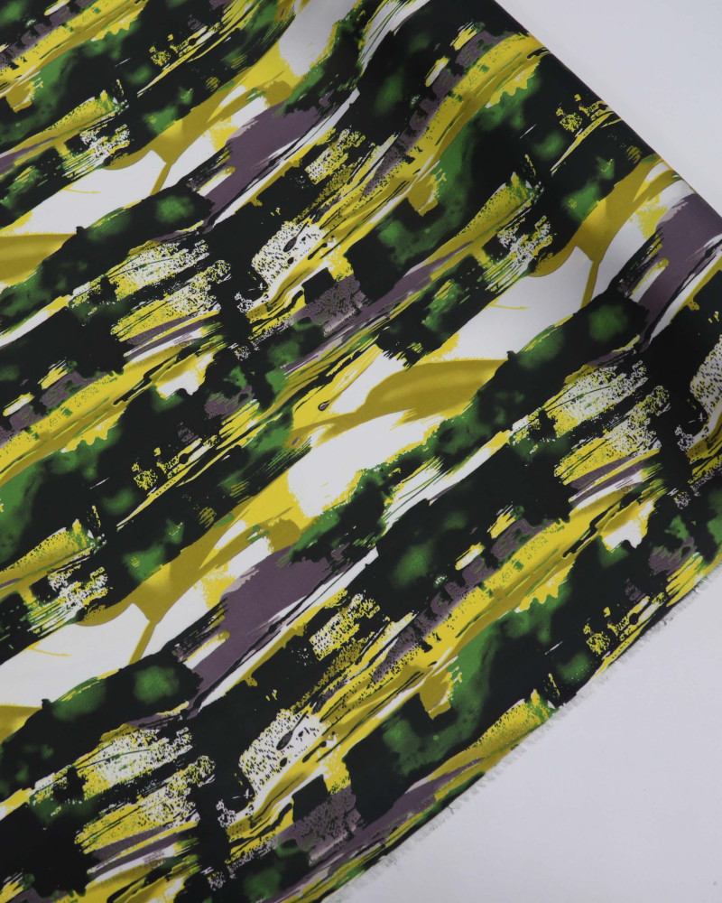 Tecido Crepe Silk Pinceladas Abstratas Amarelo, Verde e Branco