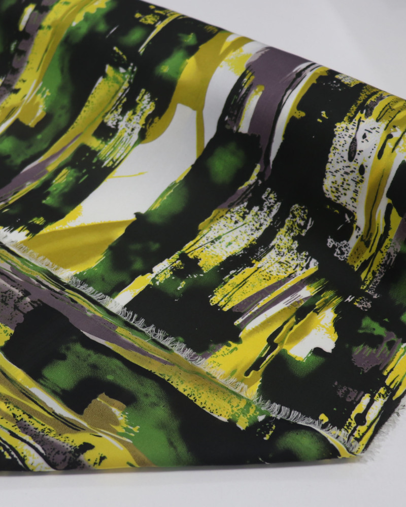 Tecido Crepe Silk Pinceladas Abstratas Amarelo, Verde e Branco