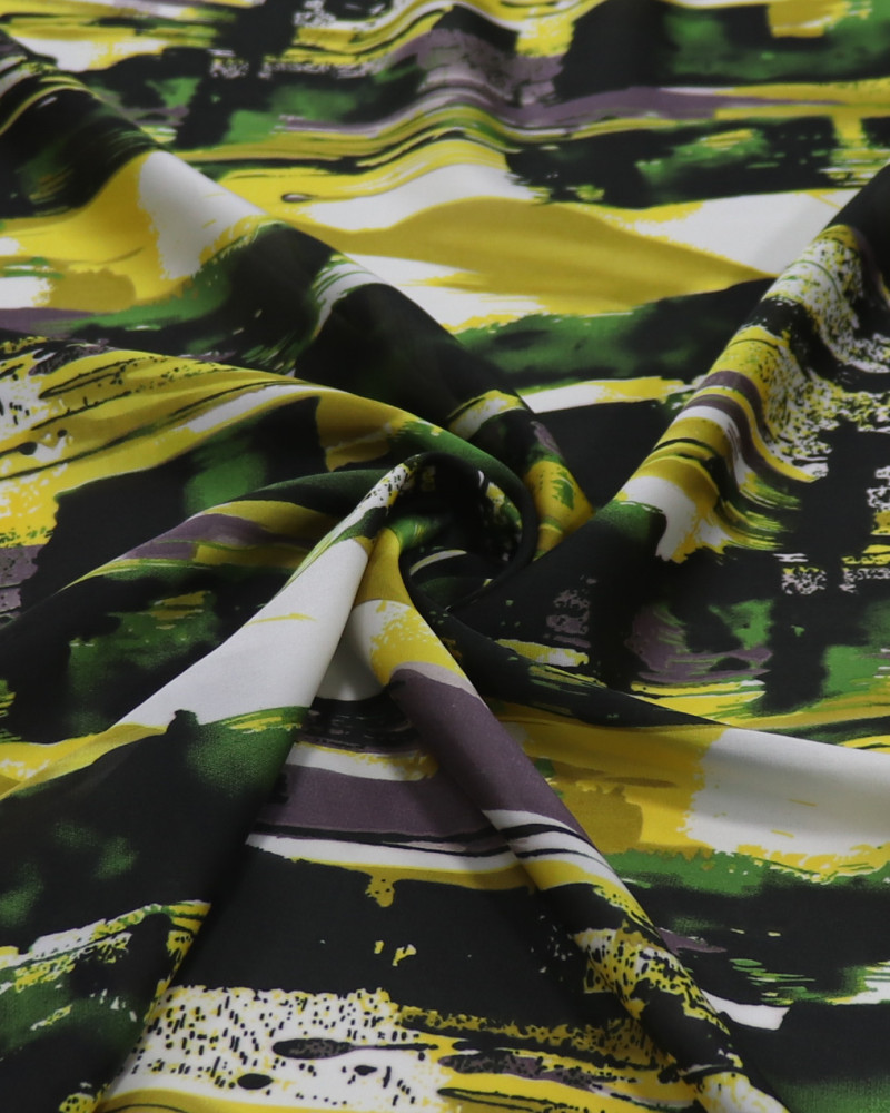 Tecido Crepe Silk Pinceladas Abstratas Amarelo, Verde e Branco