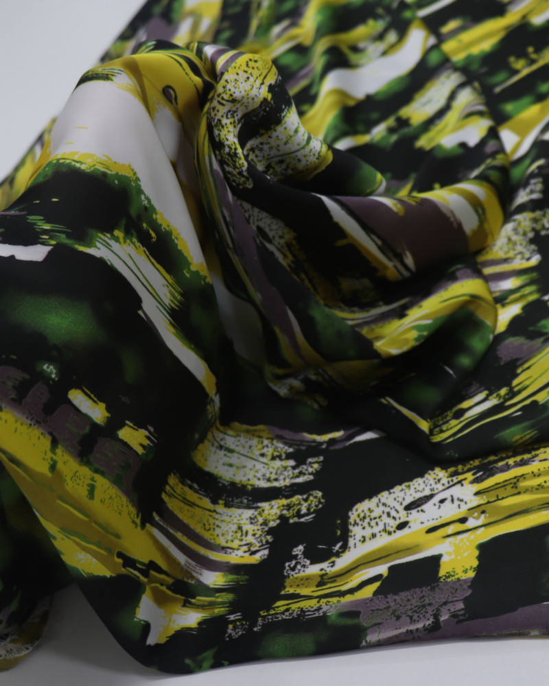Tecido Crepe Silk Pinceladas Abstratas Amarelo, Verde e Branco