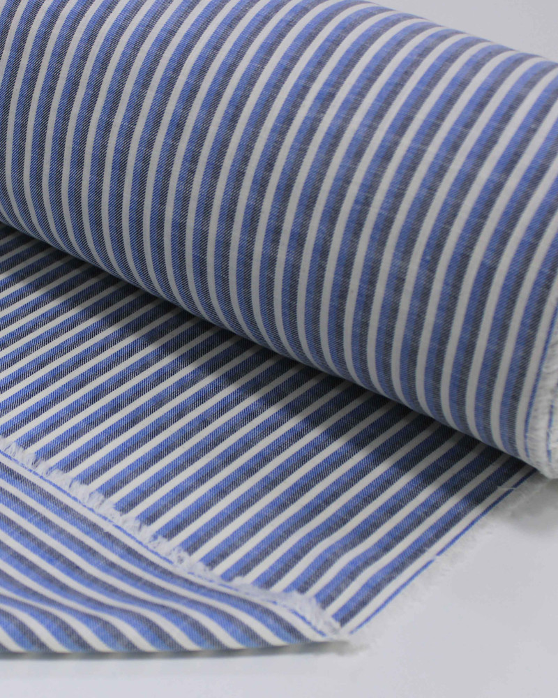 Tecido Tricoline Verano Flamê Listras Branco, Preto e Azul