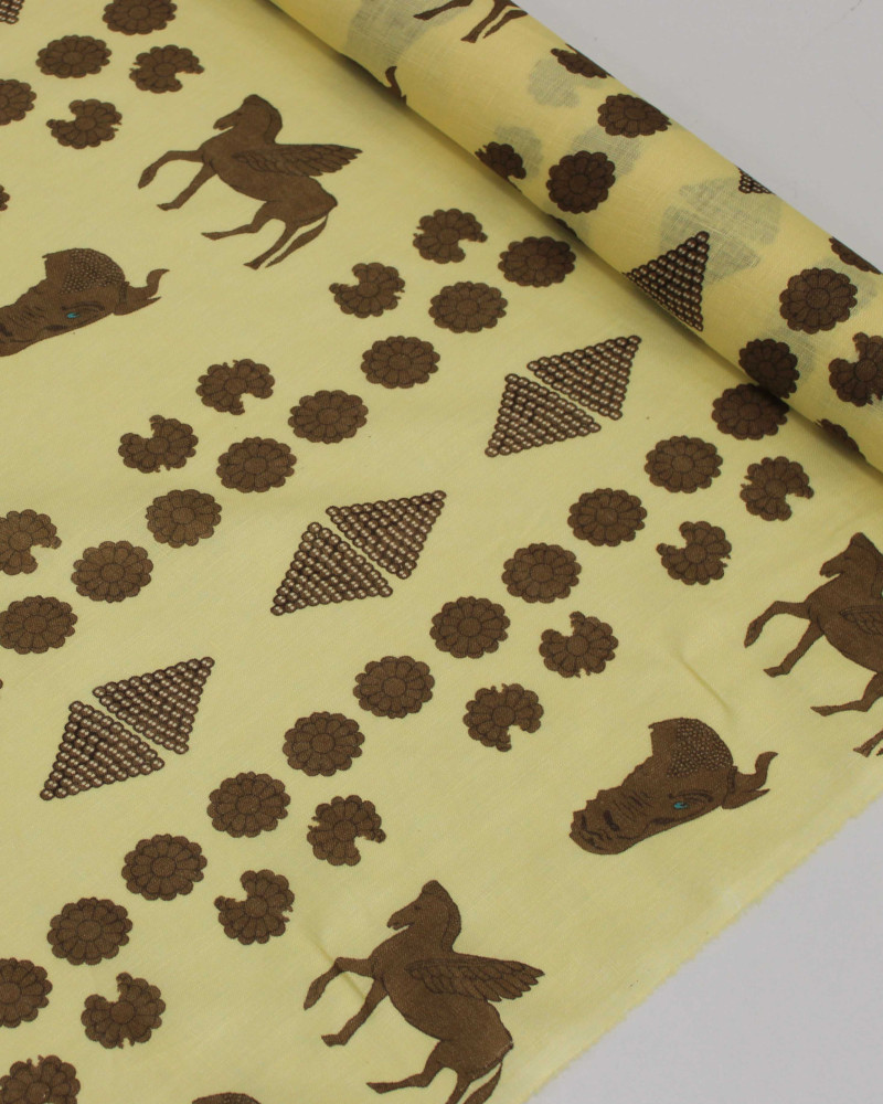 Tecido Linho Puro Italiano Búfalo e Pégaso Marrom e Amarelo Manteiga