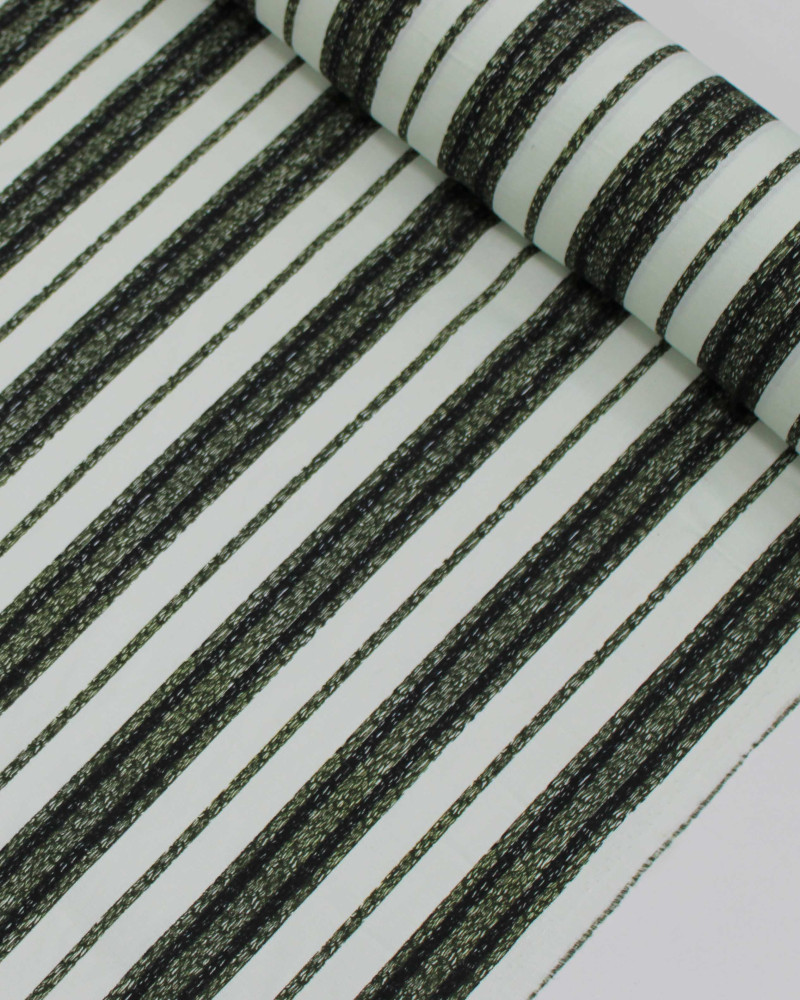 Tecido Linho Misto Italiano Multi Listrar Preto, Verde e Offwhite