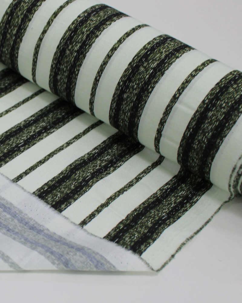 Tecido Linho Misto Italiano Multi Listrar Preto, Verde e Offwhite