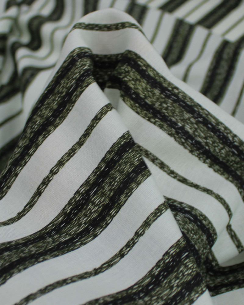 Tecido Linho Misto Italiano Multi Listrar Preto, Verde e Offwhite