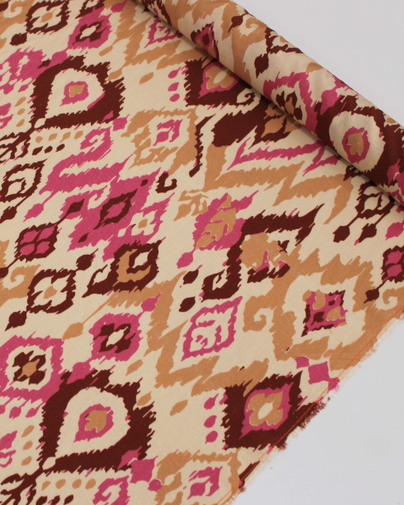 Tecido Linho Misto Italiano Arte Abstrata Rosa, Marrom e Tons de Bege