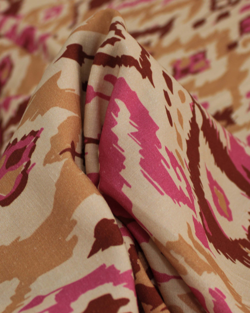 Tecido Linho Misto Italiano Arte Abstrata Rosa, Marrom e Tons de Bege