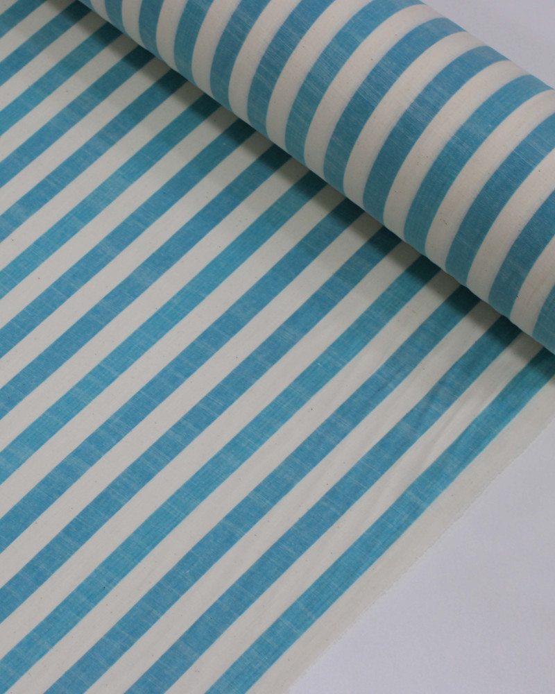 Tecido Tricoline Verano Flamê Listras Regulares Offwhite e Azul Piscina