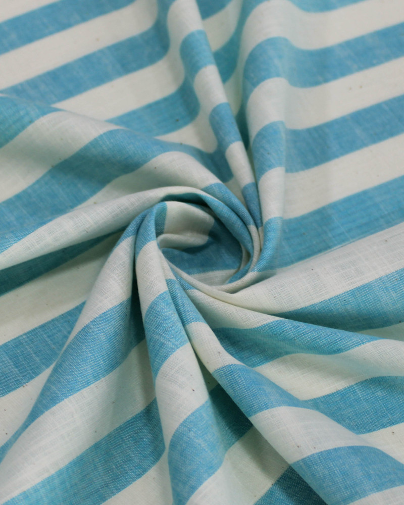 Tecido Tricoline Verano Flamê Listras Regulares Offwhite e Azul Piscina