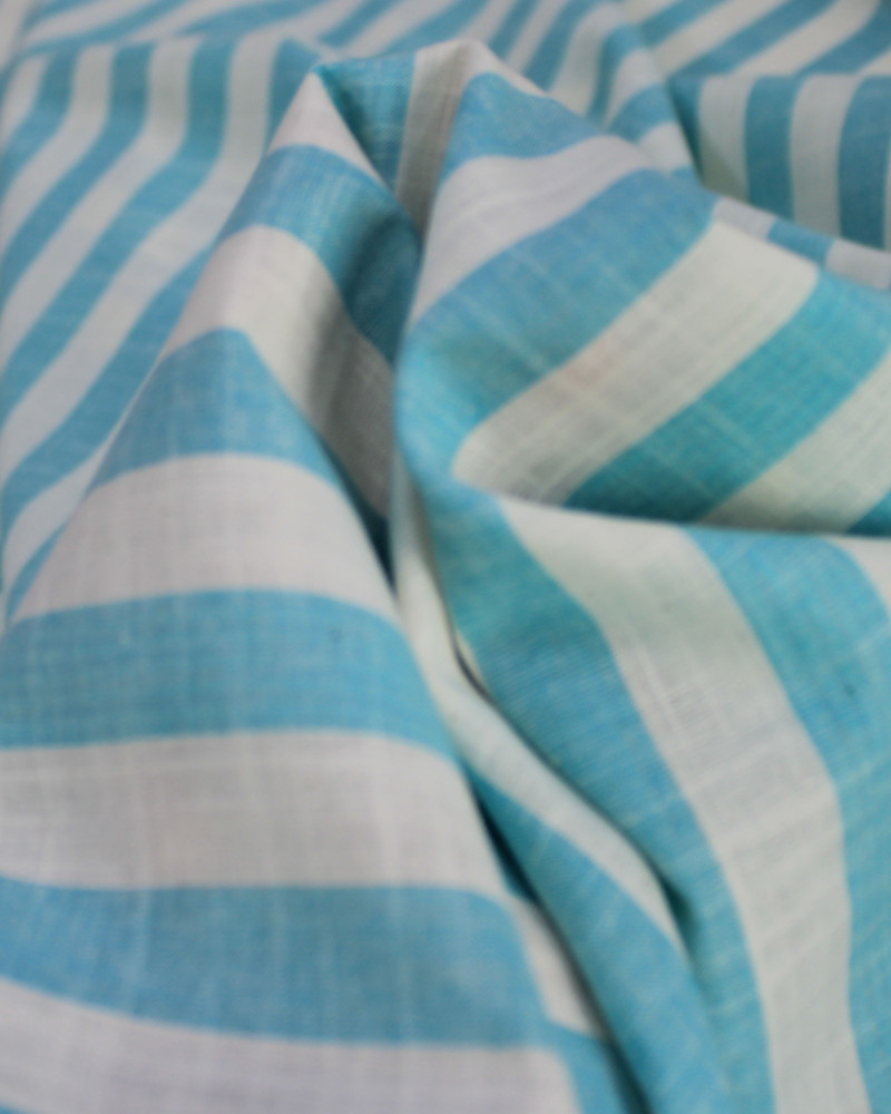 Tecido Tricoline Verano Flamê Listras Regulares Offwhite e Azul Piscina