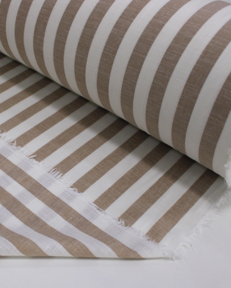 Tecido Tricoline Verano Flamê Listras Regulares Offwhite e Caramelo