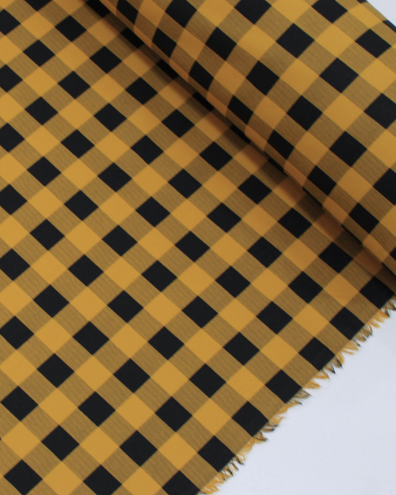 Tecido Tricoline Xadrez Vichy Preto e Amarelo Queimado