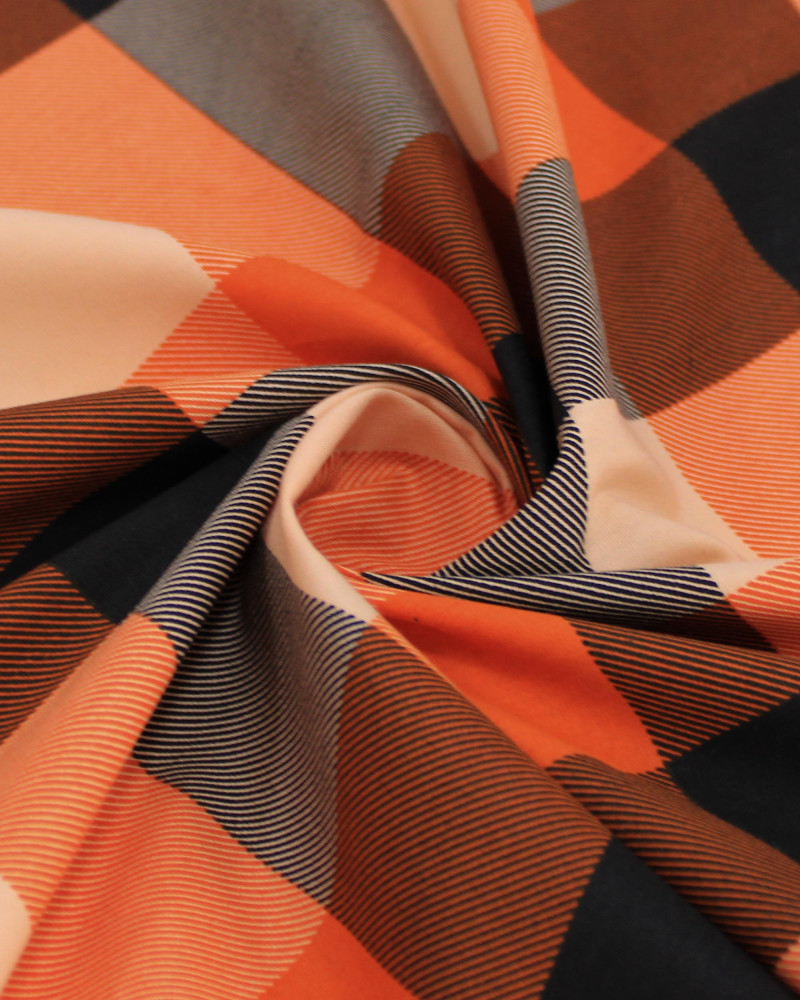 Tecido Tricoline Xadrez Irregular Pêssego, Preto e Laranja