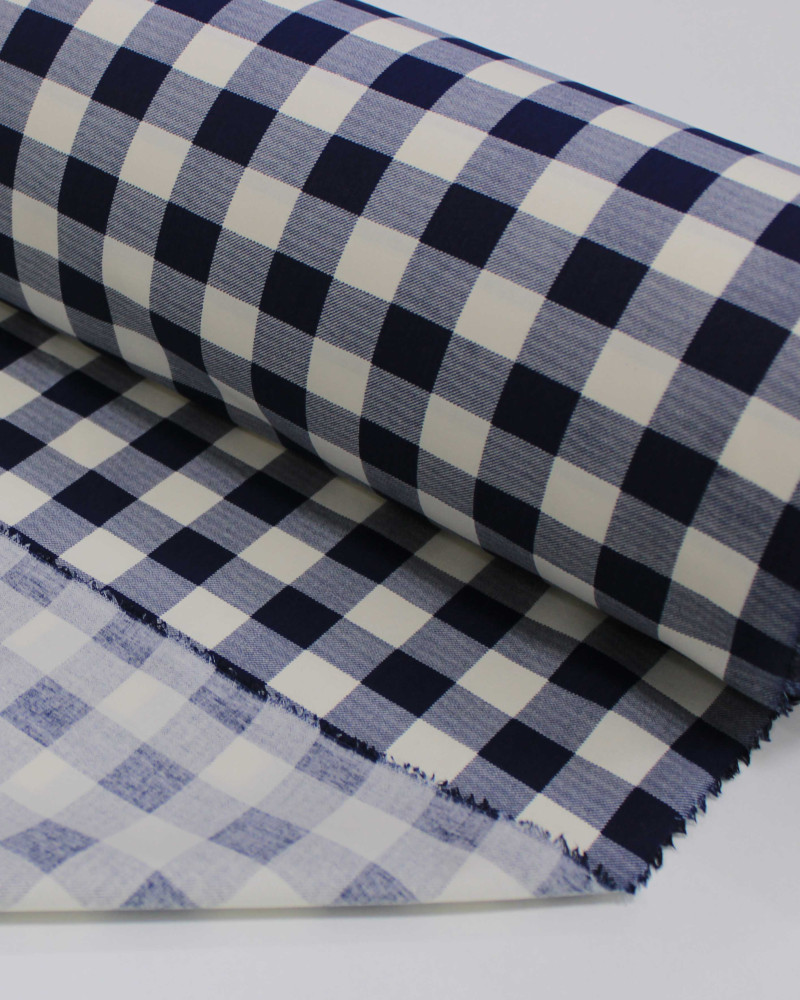 Tecido Tricoline Micro Xadrez Vichy Offwhite e Azul Marinho