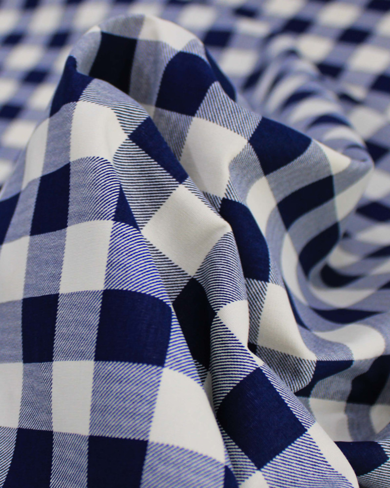Tecido Tricoline Micro Xadrez Vichy Offwhite e Azul Marinho