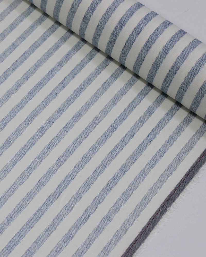 Tecido Linho Misto Listrado Azul Bebê e Offwhite