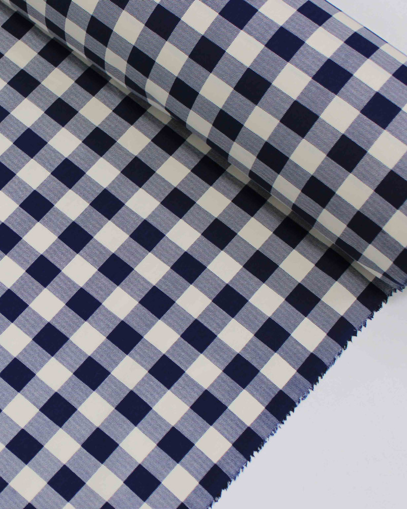 Tecido Tricoline Micro Xadrez Vichy Offwhite e Azul Marinho