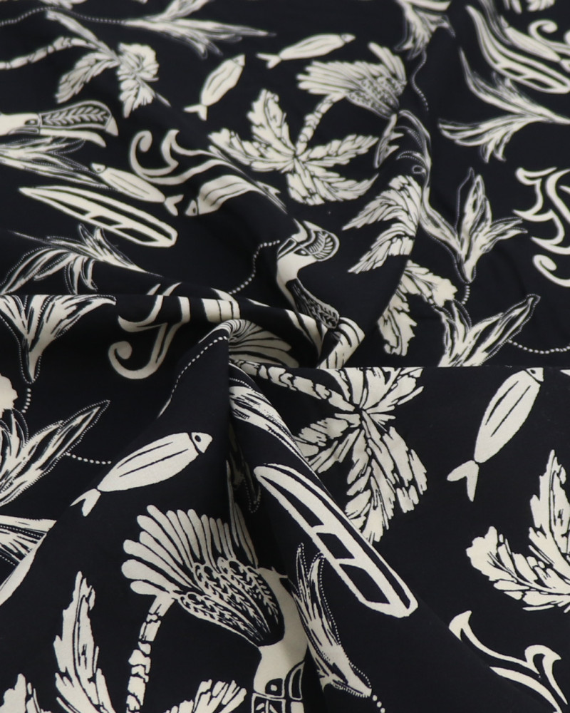 Tecido Viscose Estampa Tropical Creme e Preto