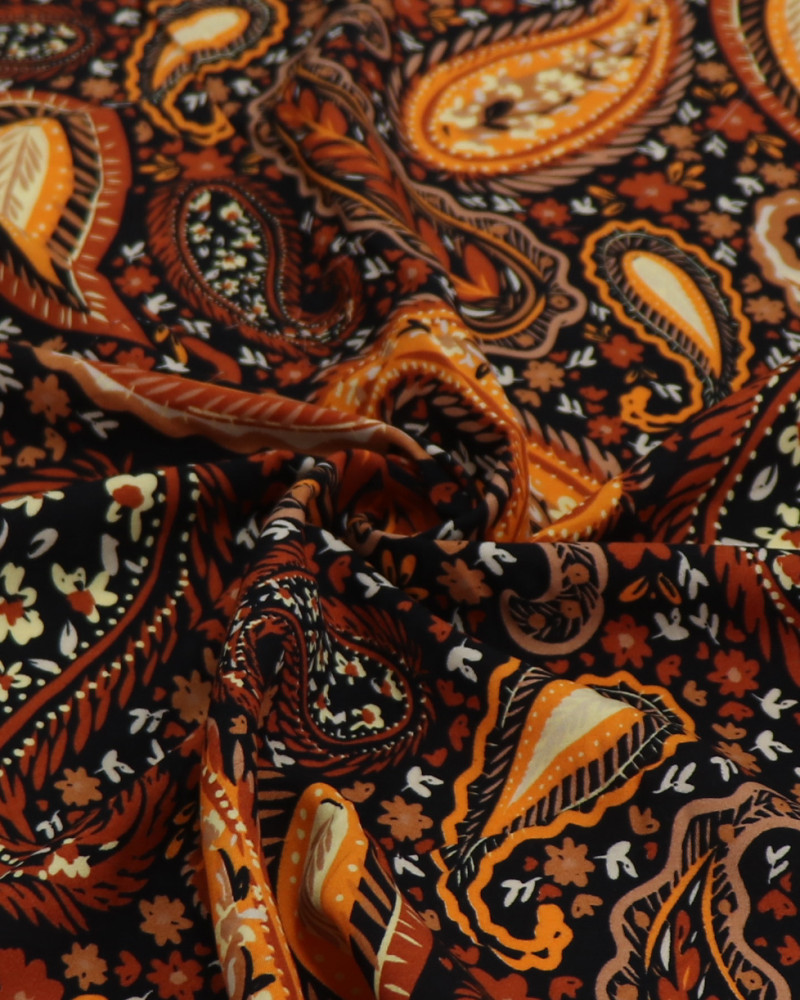 Tecido Viscose Paisley Floral Tons Terrosos e Preto (0.6m)