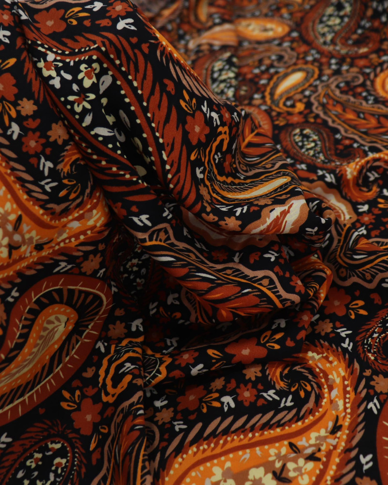 Tecido Viscose Paisley Floral Tons Terrosos e Preto (0.6m)