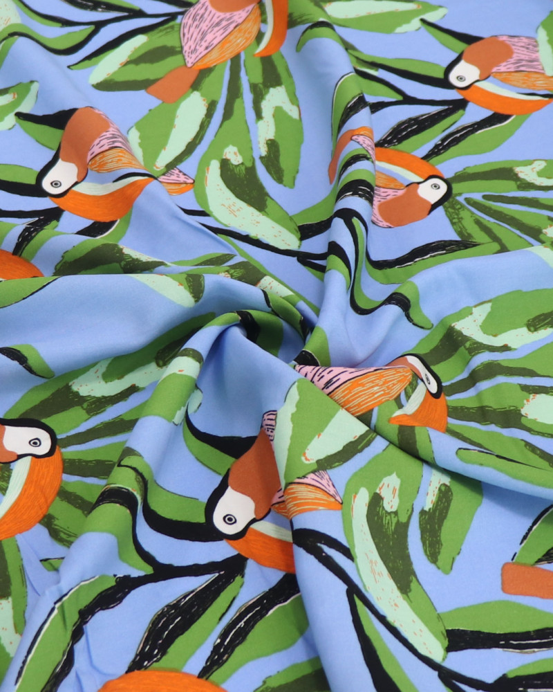 Tecido Viscose Tucanos Laranja, Rosa e Azul