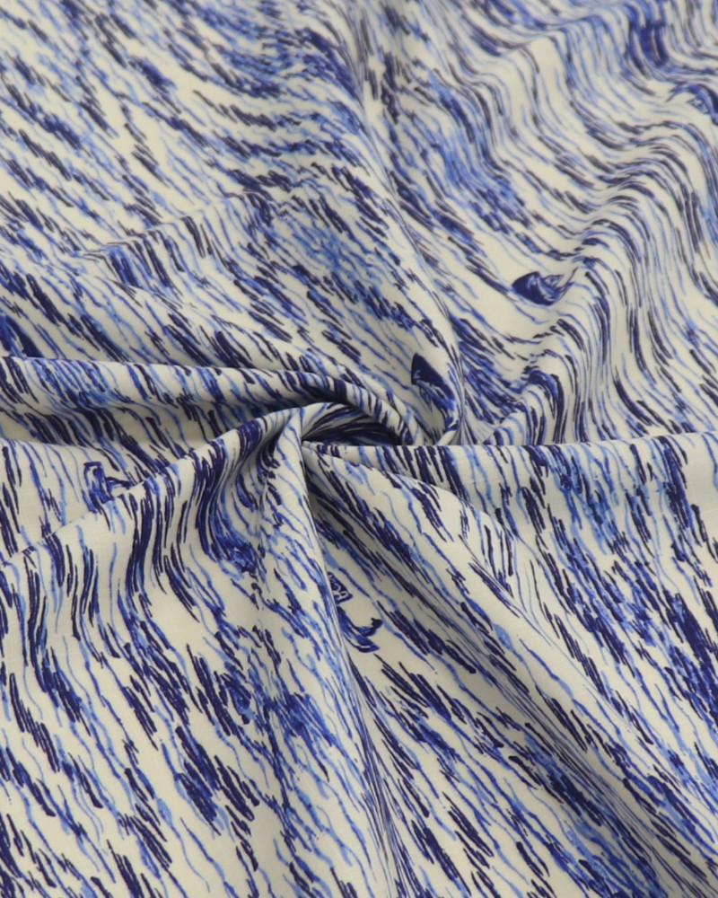 Tecido Viscose Texturizada Barcos e Mar em Riscos Tons de Azul e Offwhite