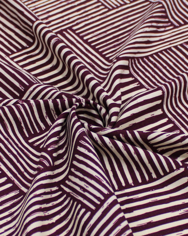 Tecido Viscose Texturizada Listras Geométricas Creme e Roxo Imperial
