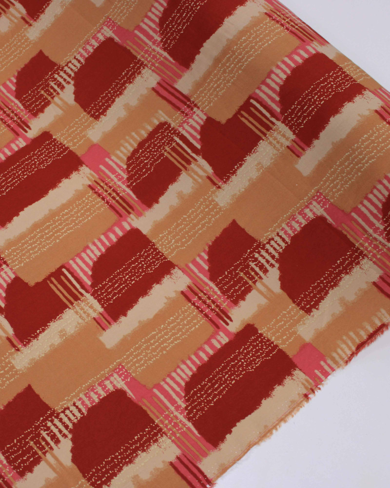 Tecido Viscose Geomértico Vermelho, Argila e Rosa e Listras Pontilhadas