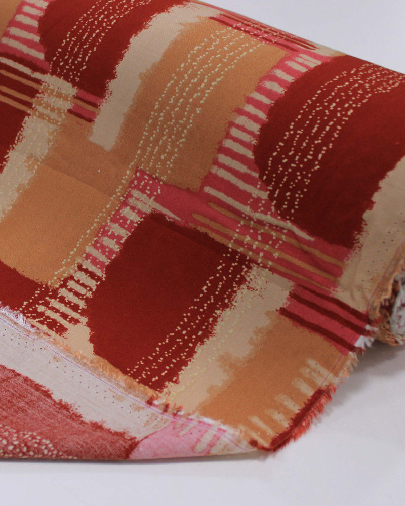 Tecido Viscose Geomértico Vermelho, Argila e Rosa e Listras Pontilhadas