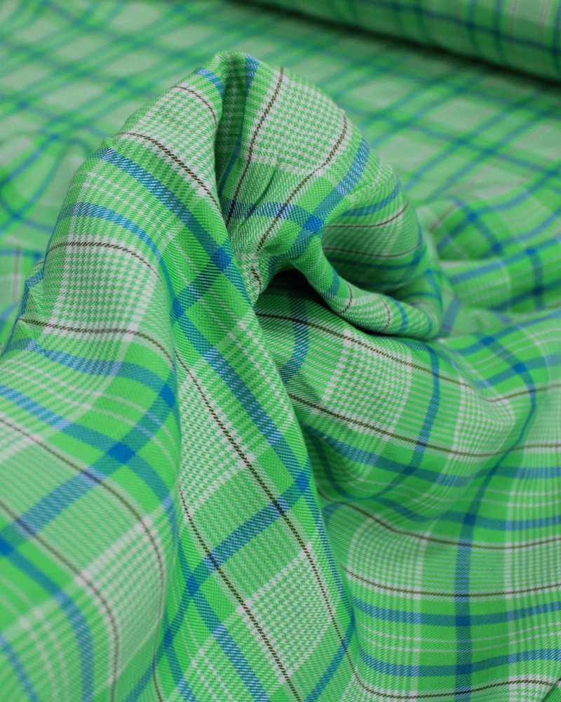Tecido Linho Misto Italiano Multi Quadriculado Branco, Azul e Verde