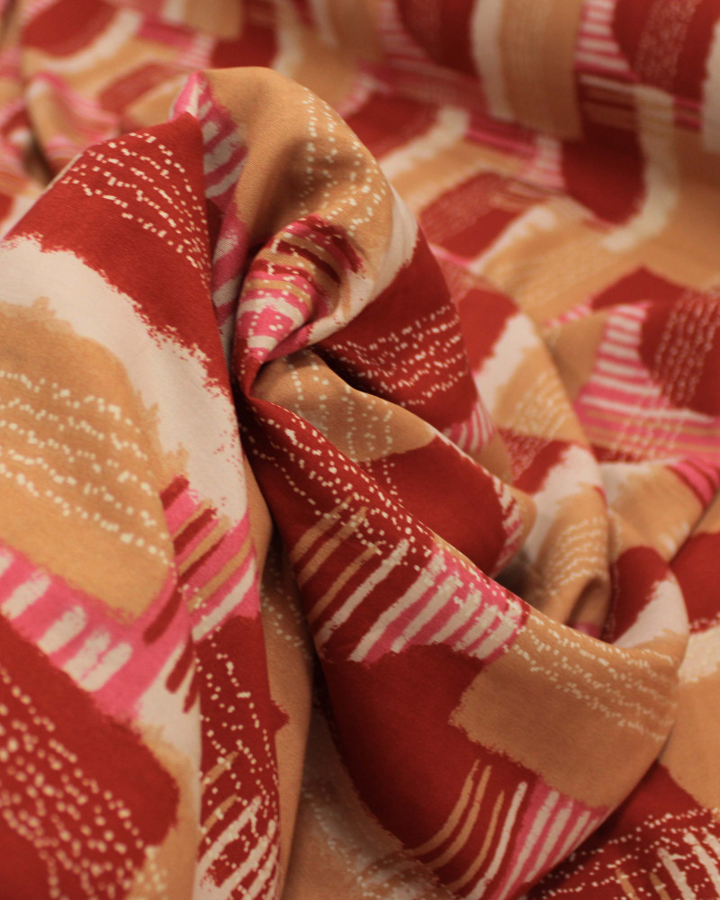 Tecido Viscose Geomértico Vermelho, Argila e Rosa e Listras Pontilhadas