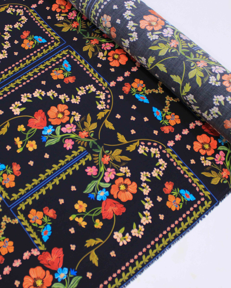 Tecido Viscose Premium Campo Floral em Recortes Colorido e Preto