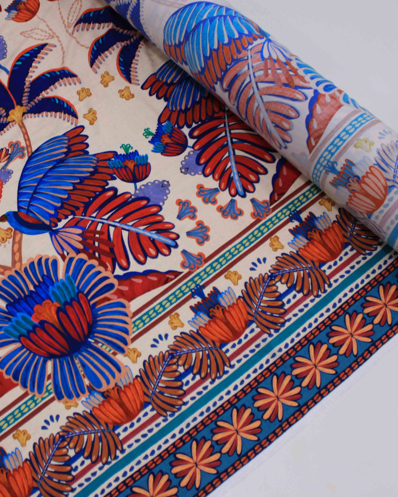 Tecido Viscose Premium Barrado Duplo Tropical Vermelho, Azul e Bege