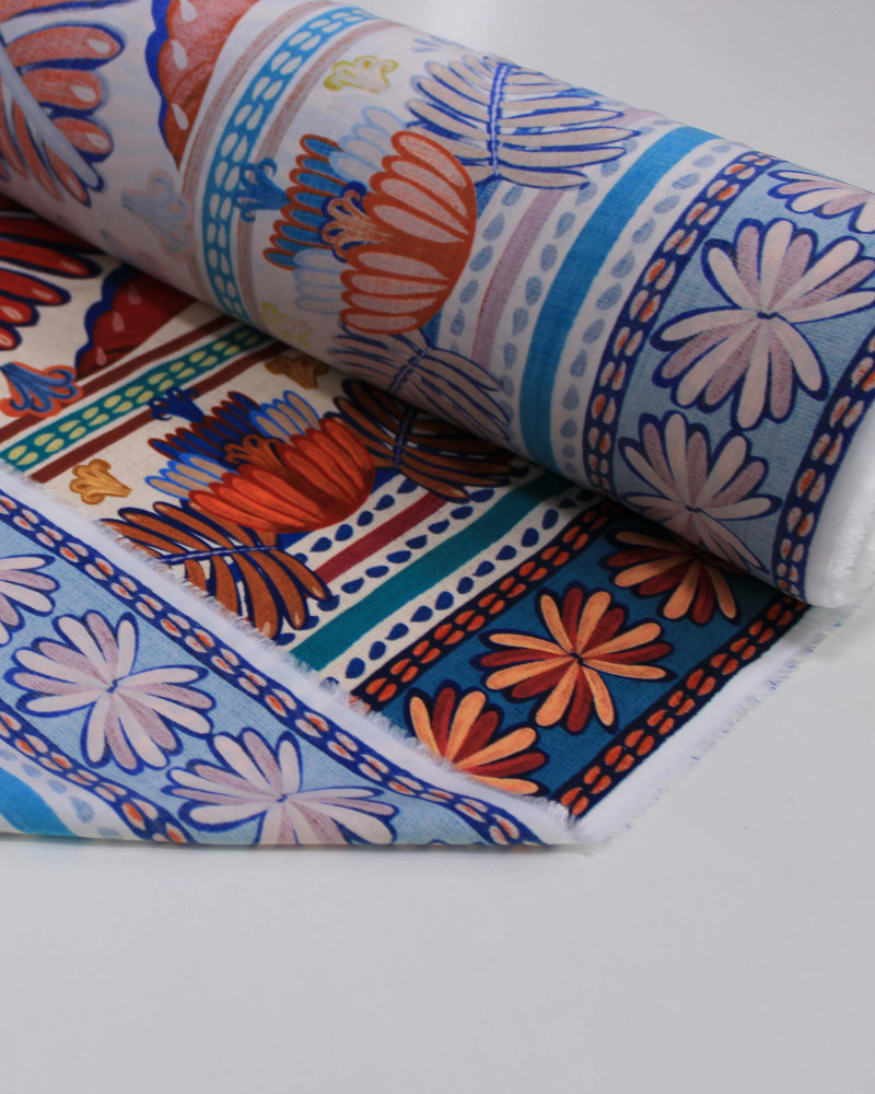 Tecido Viscose Premium Barrado Duplo Tropical Vermelho, Azul e Bege