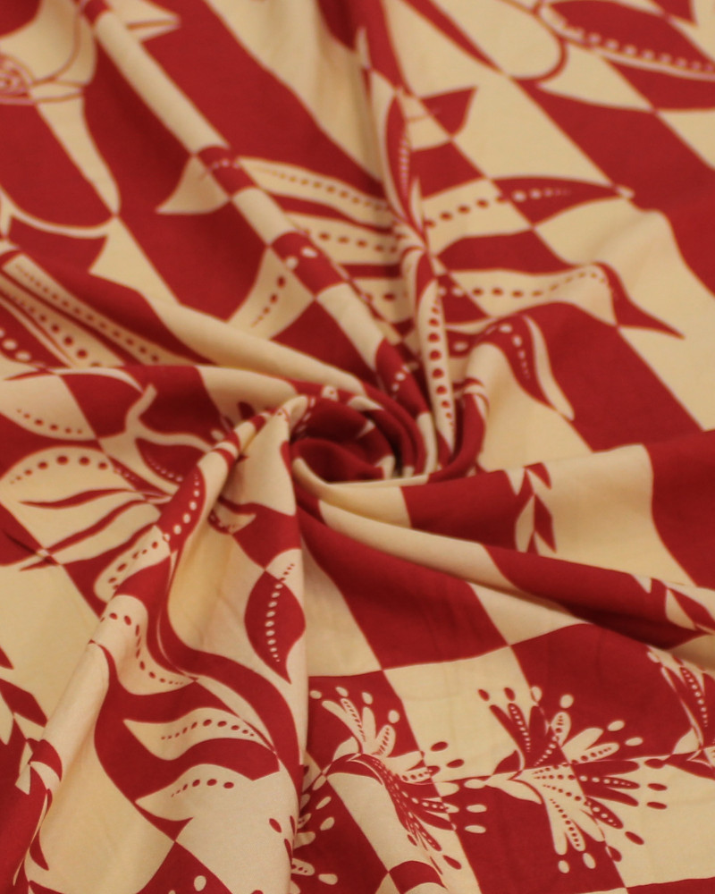 Tecido Viscose Barrado Duplo Estampa Tropical Listrado Vermelho e Creme (0.6m)