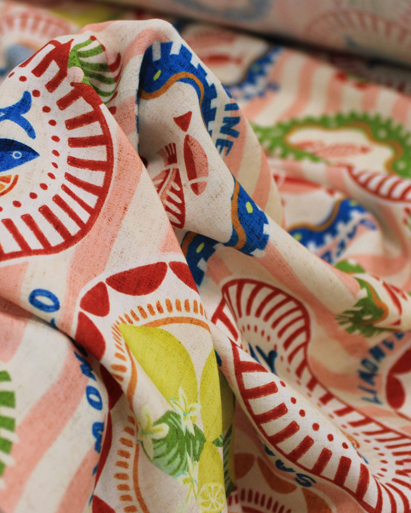 Tecido Viscose Premium Multi Estampado em Listras Sardine Tropical Colorido e Cru