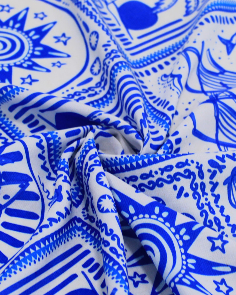 Tecido Viscose Premium Sardine Estampa Tropical em Recortes Azul e Branco