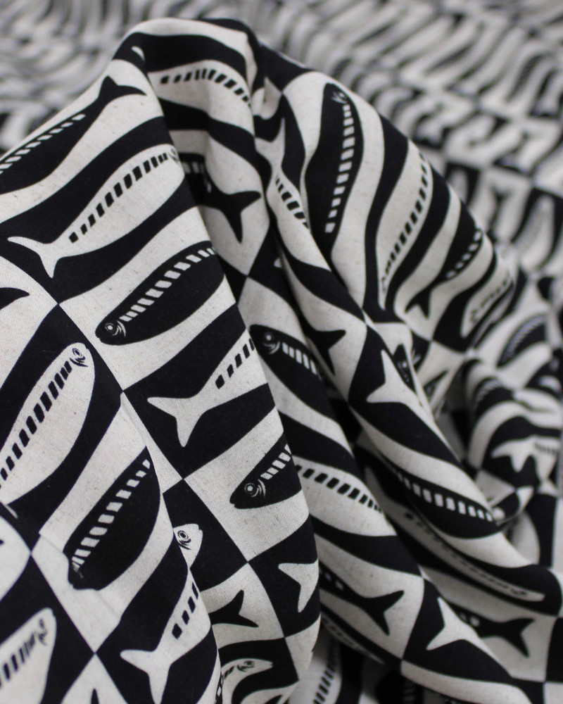 Tecido Viscose Premium Sardine Geométrico Preto e Cru